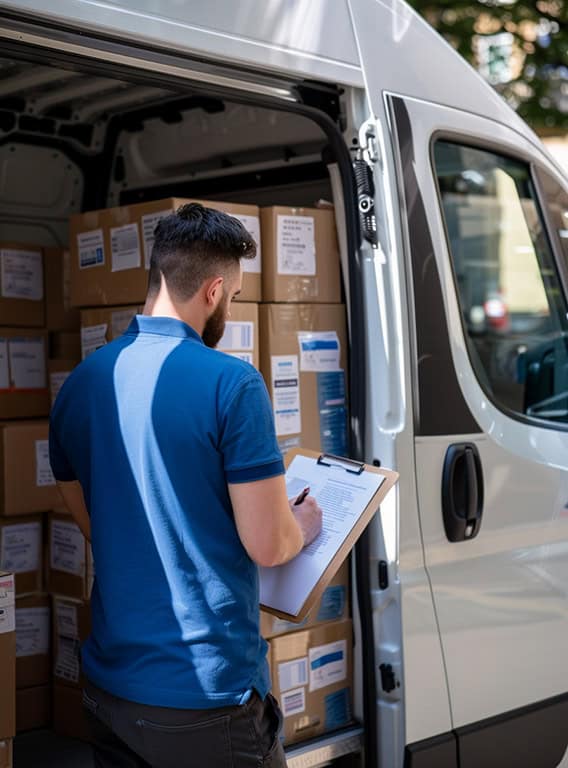 a man wearing blue polo shirt and black pants holding a clipboard checking the stacked boxes inside a white van