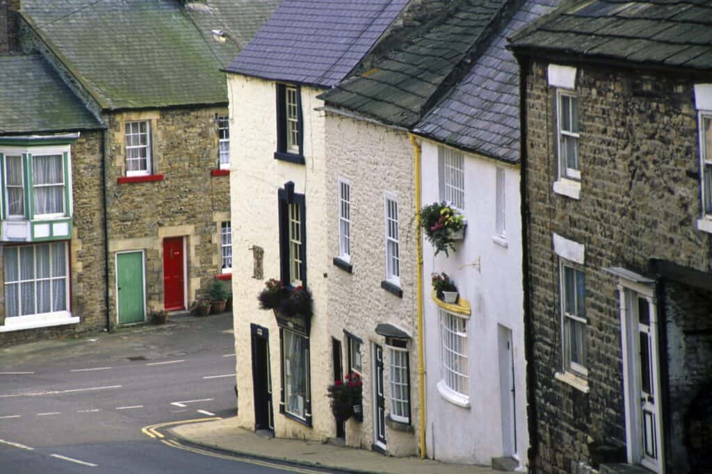 Colourful British houses on a hilly terrain