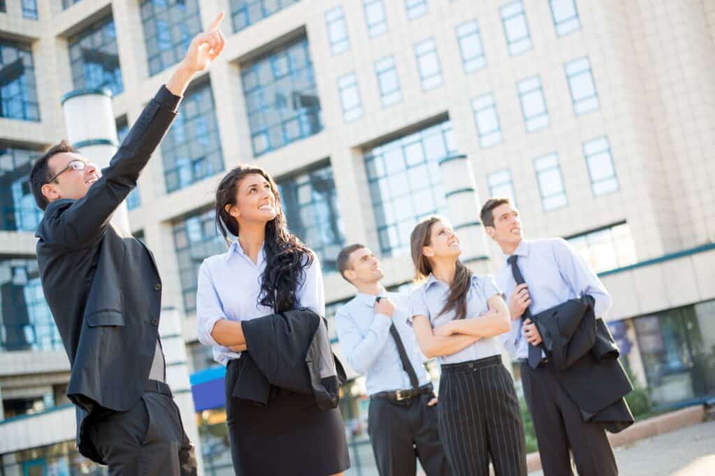 Employees looking at their new office