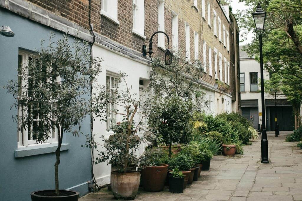 Simple residential building with potted plants outside